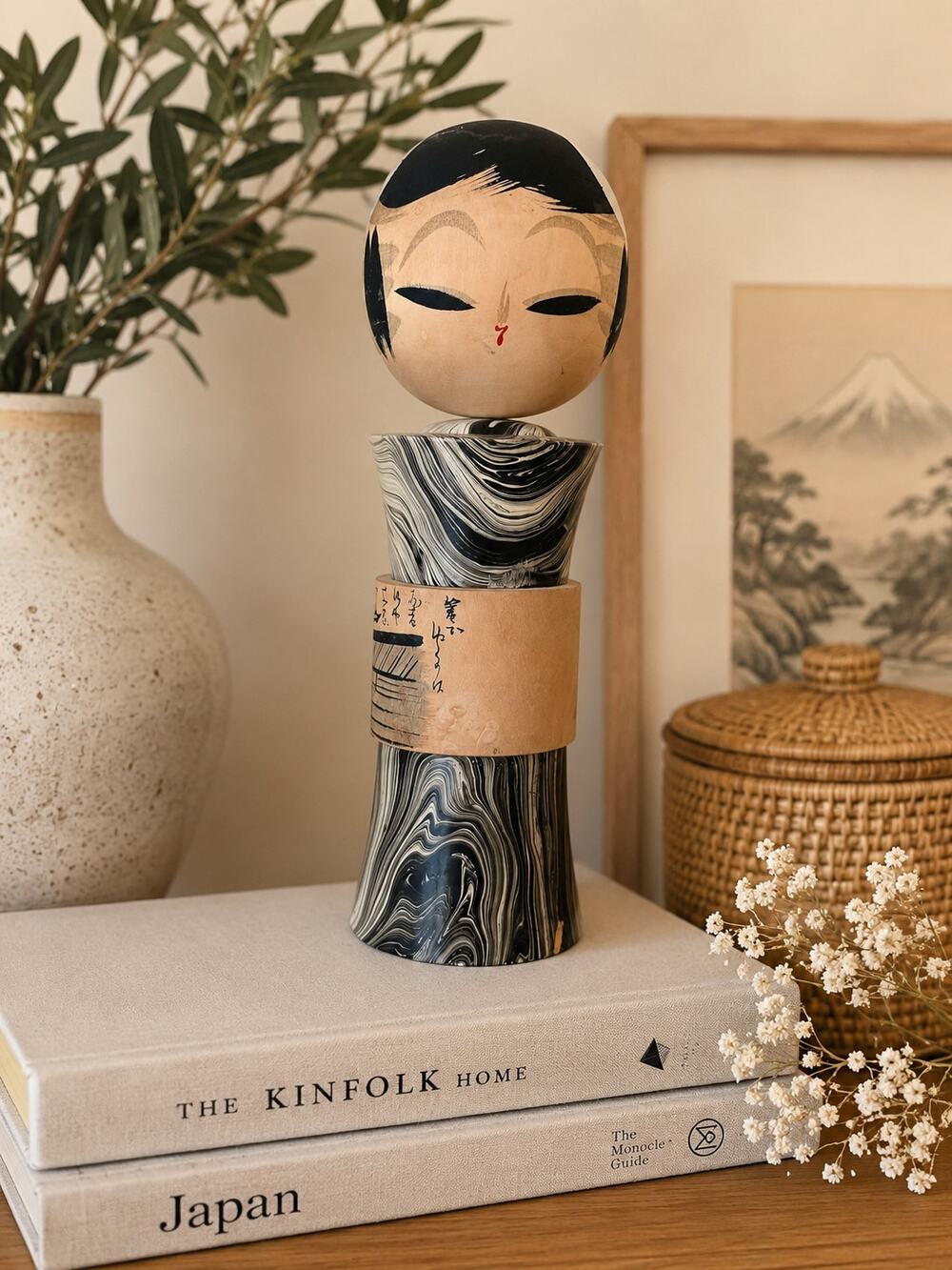 Vintage Japanese Kokeshi Doll 10” Marbled Wood Hand Painted Signed Folk Art